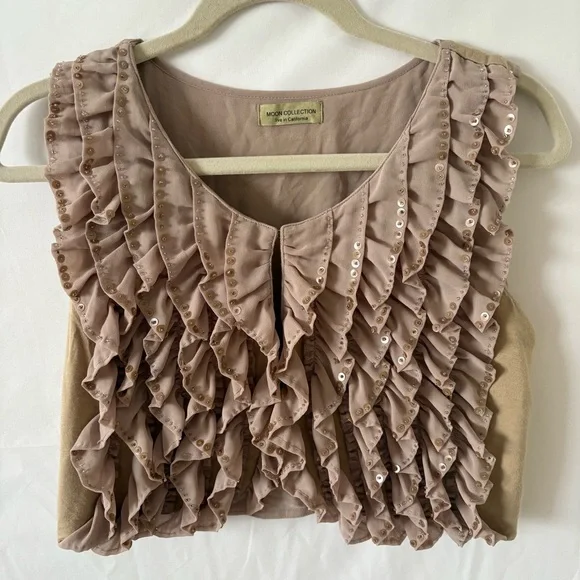 Moon collection fairy ruffle boho blouse sequin taupe sleeveless crop medium - Picture 2 of 5